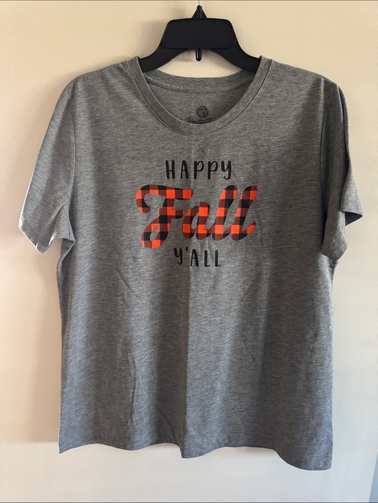 Positivitees Tops - Happy Fall Y'All Grey Tee with Plaid Script